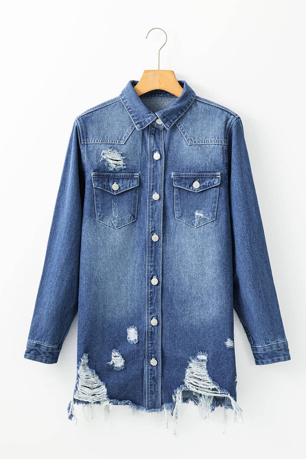 Light Wash Distressed Frayed Long Denim Jacket 926 WEST