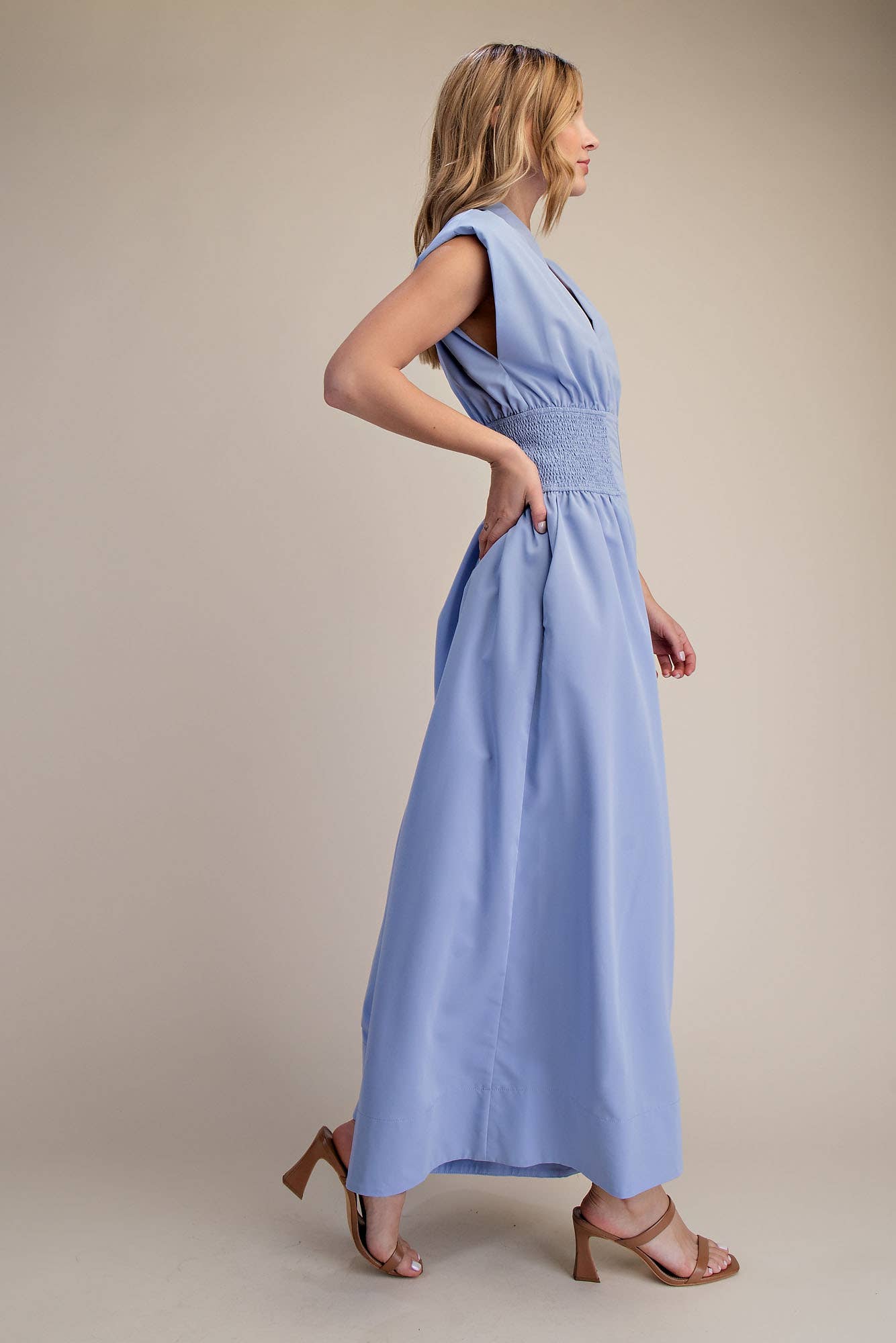 Cap-Sleeve Smocked Front-Zip Jumpsuit - Flattering Fitted Style