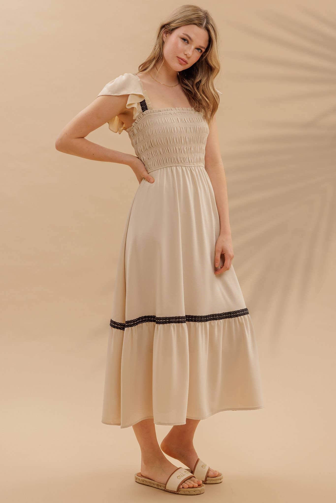 FINAL SALE- CONTRAST DETAIL SMOCKED RUFFLE MIDI DRESS 926 WEST