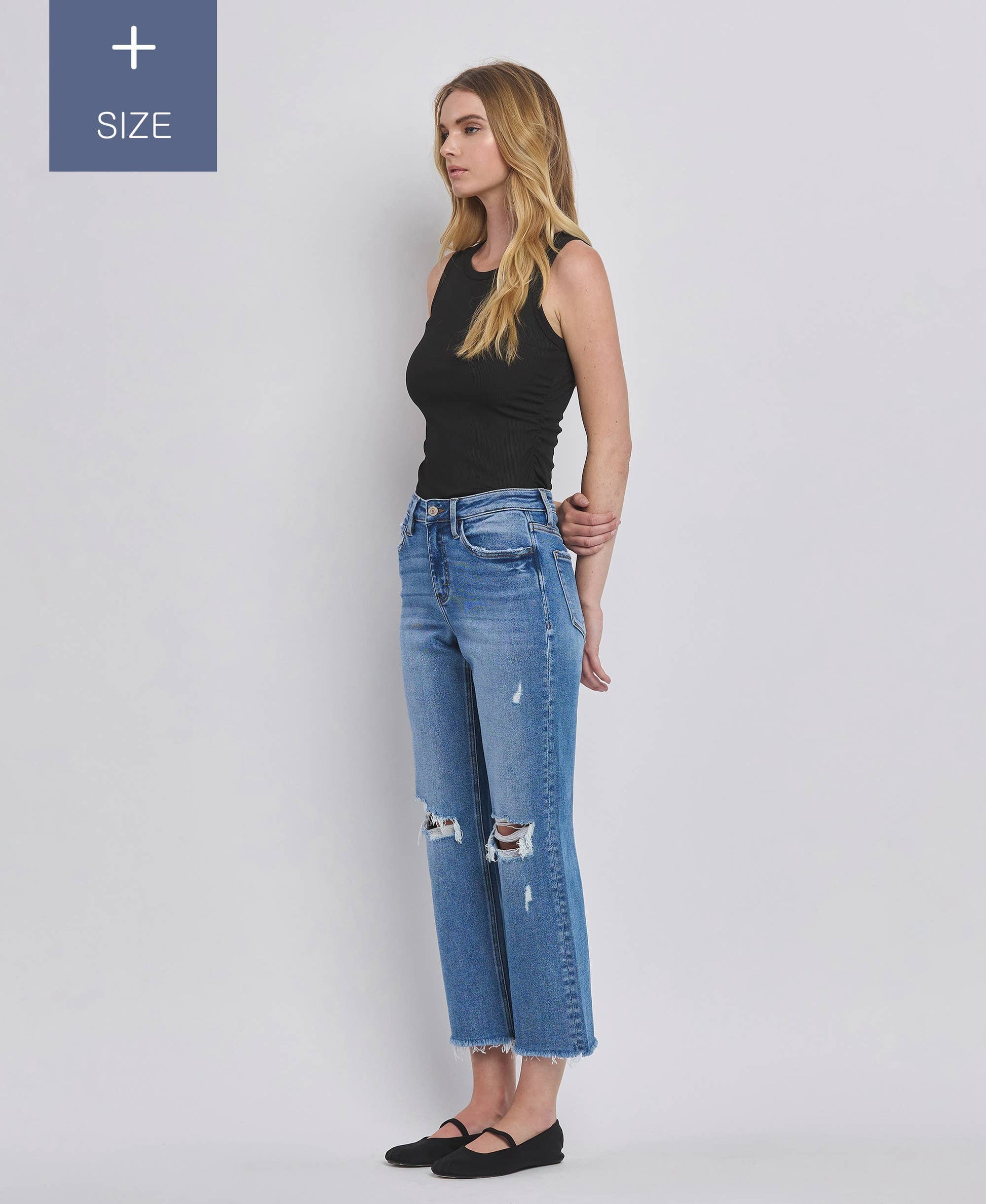 PLUS SIZE HIGH RISE DISTRESSED CROP STRAIGHT JEANS LV1385-P Lovervet by VERVET