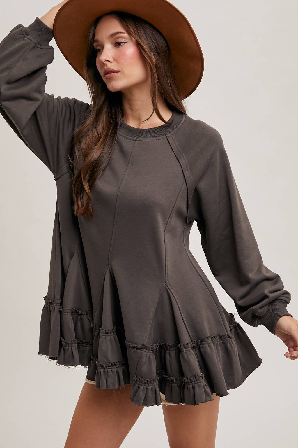 FRENCH TERRY RUFFLED TIERED HEM TUNIC SWEATSHIRT Bluivy