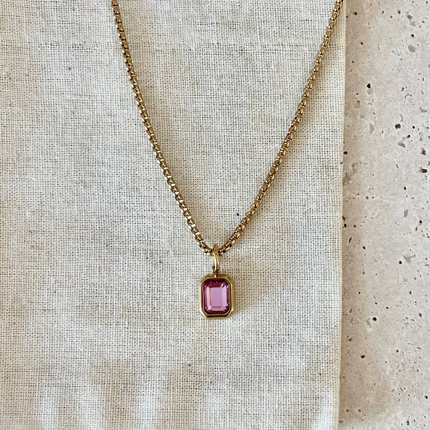 Pink Crystal Pendant Necklace | 18K Gold Plated Box Chain