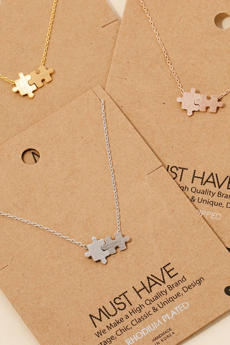 Gold Dipped Brushed Puzzle Piece Pendant Necklace Fame Accessories