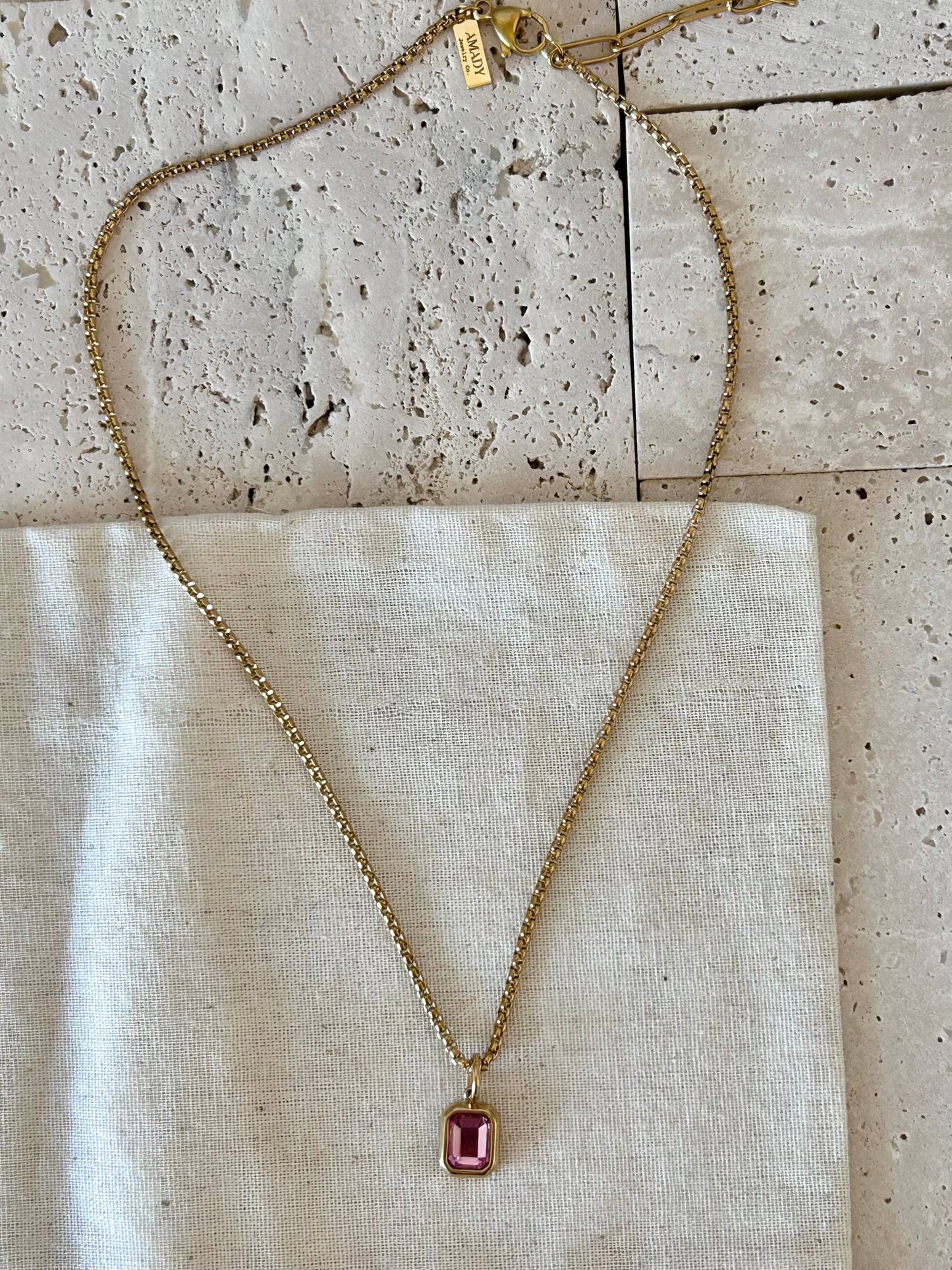Pink Crystal Pendant Necklace | 18K Gold Plated Box Chain