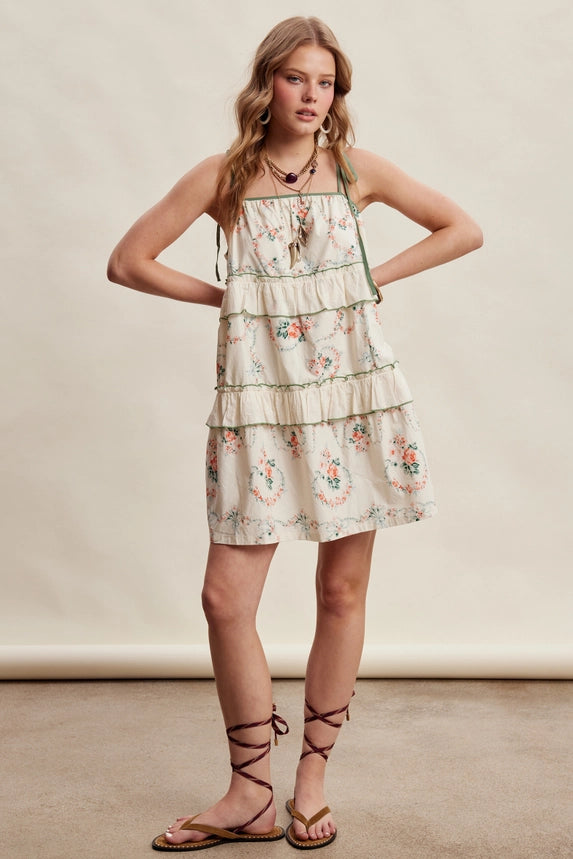 Listicle -Floral Tiered Tie-Strap Mini Dress