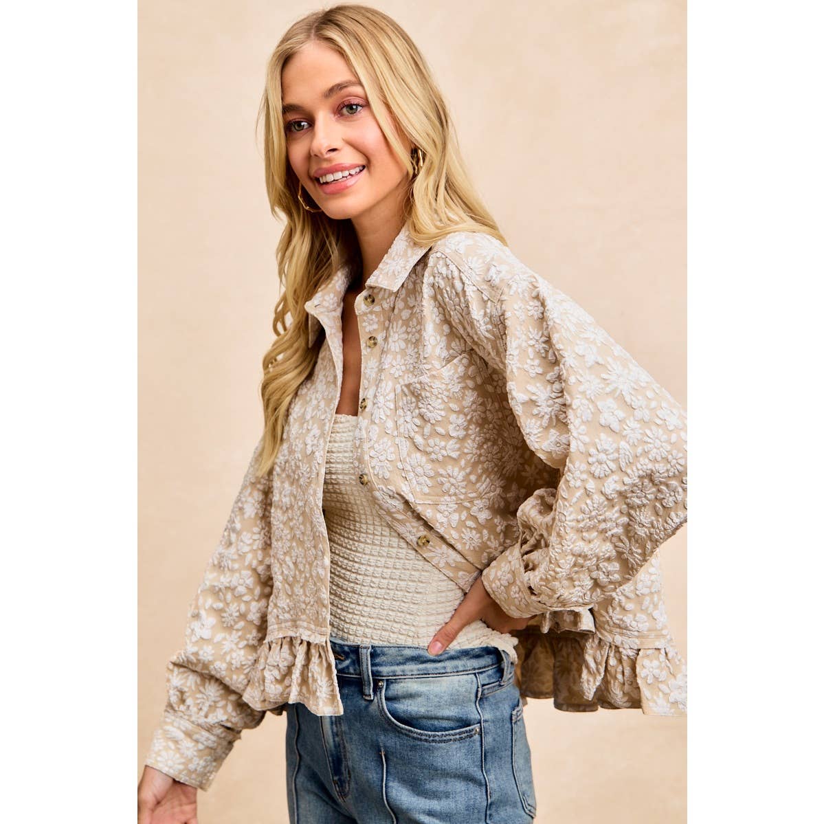 Textured Floral Ruffled Hem Button-Up Top