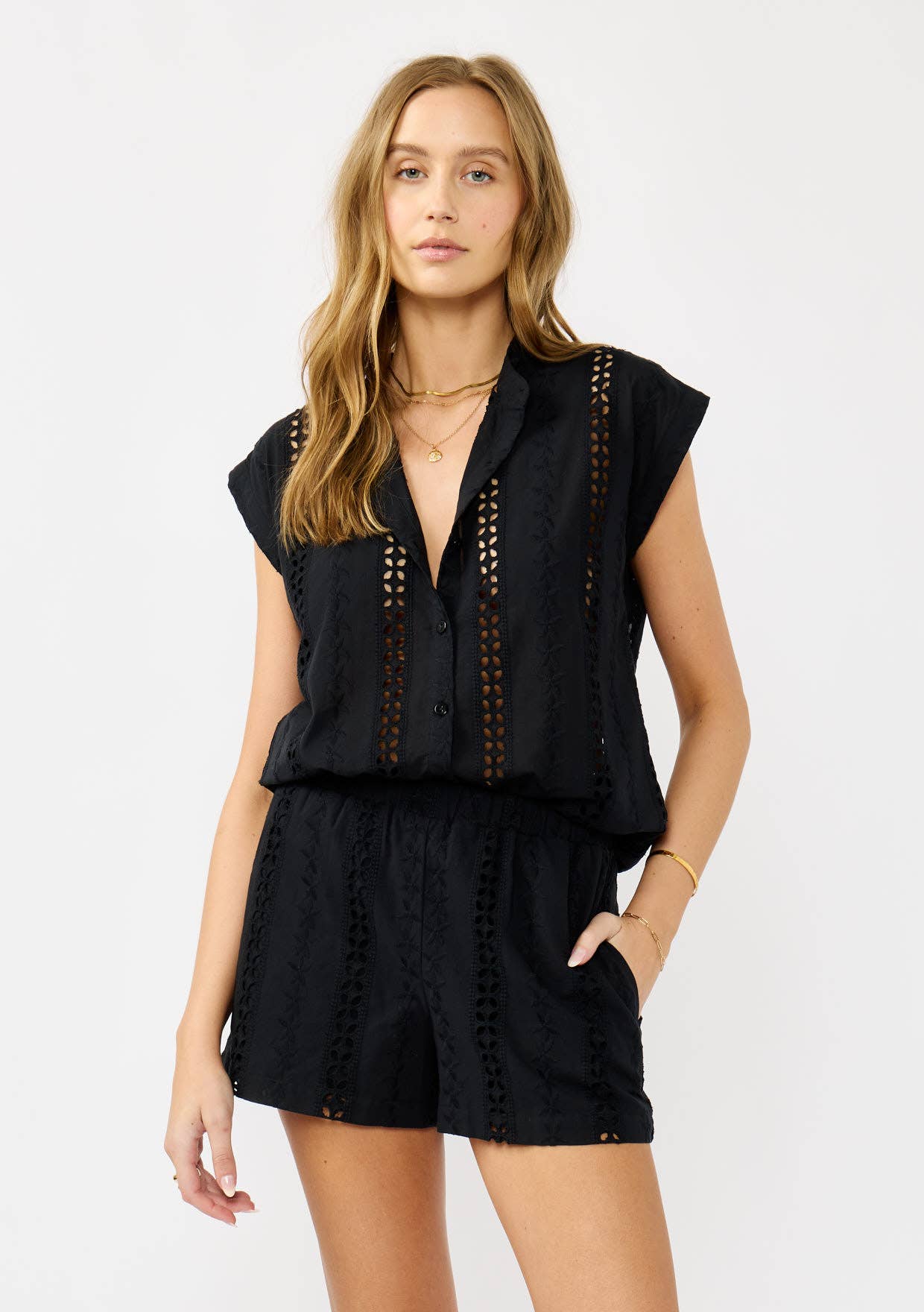 Floral Eyelet Mandarin Collar Camp Shirt 926 WEST