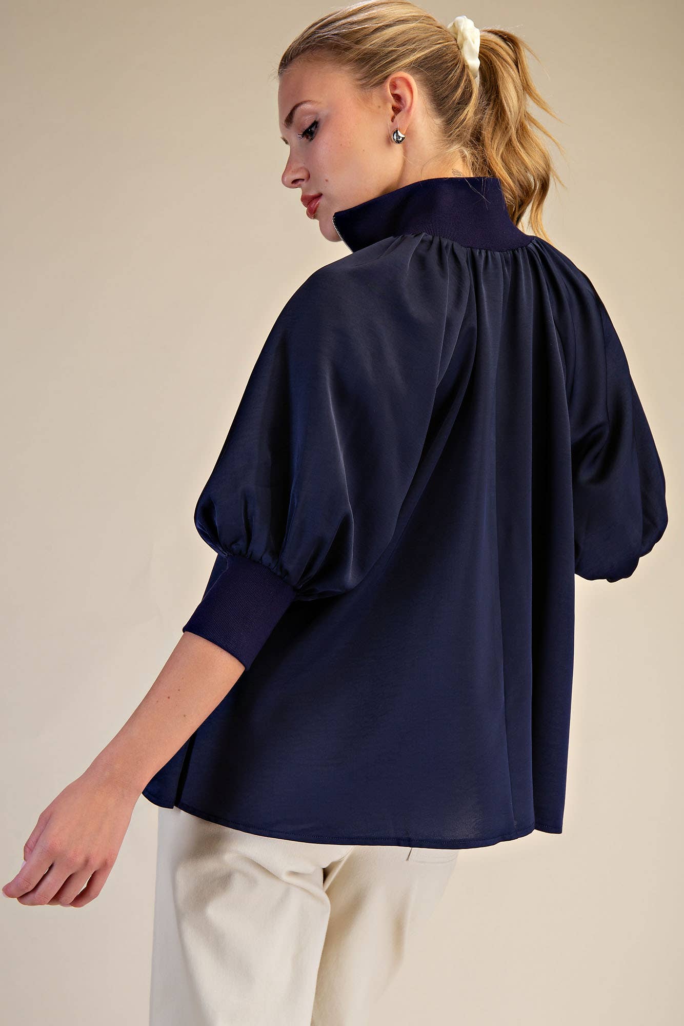 GLAM - Mock Neck Band Puff Sleeve Elegance Blouse