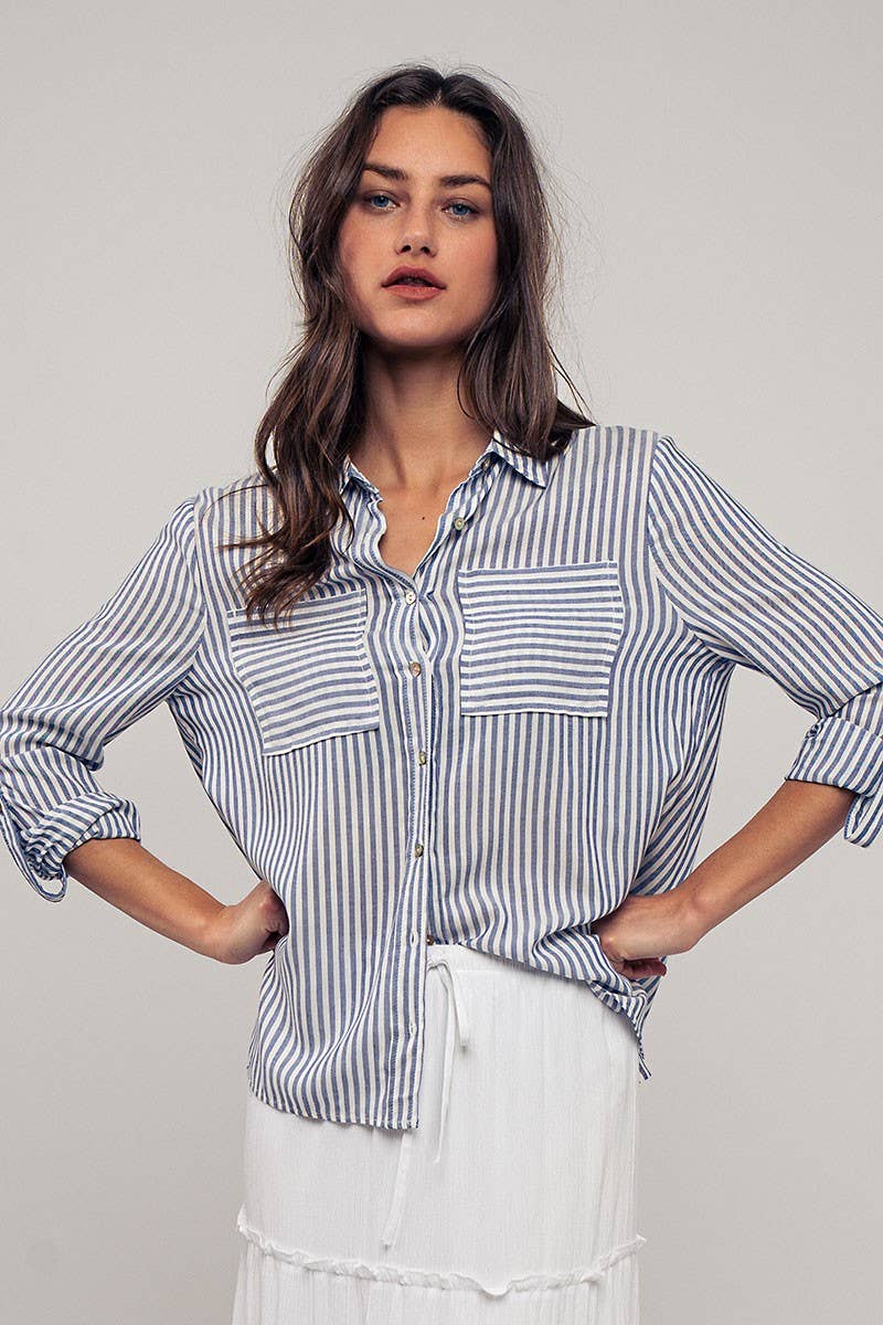 Relaxed Fit Vertical Striped Rayon Button Down Shirt Urban Daizy
