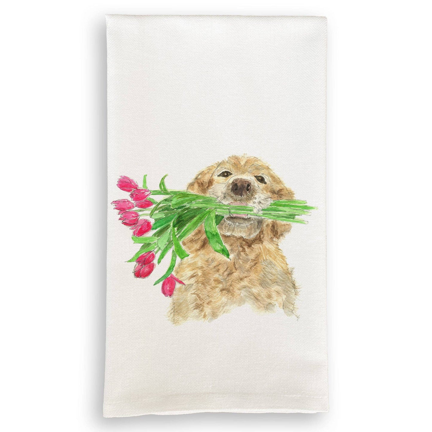 Dog Holding Flowers - Kitchen Towel