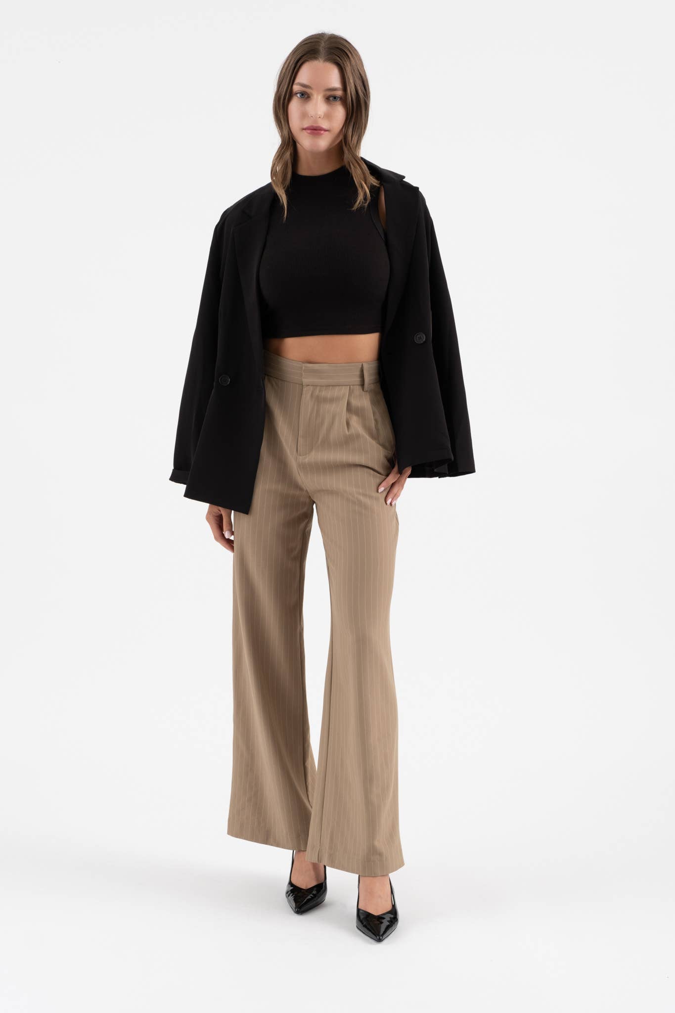 PINSTRIPE FLARE LEG PLEATED PANTS - 926 West