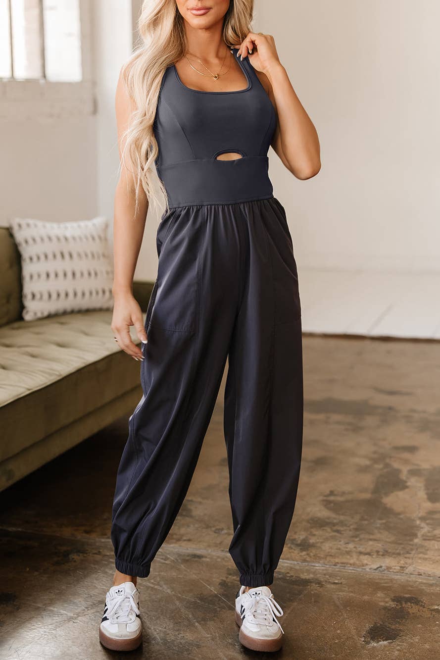 FINAL SALE- Solid Crossed Straps Jogger Jumpsuit 926 WEST