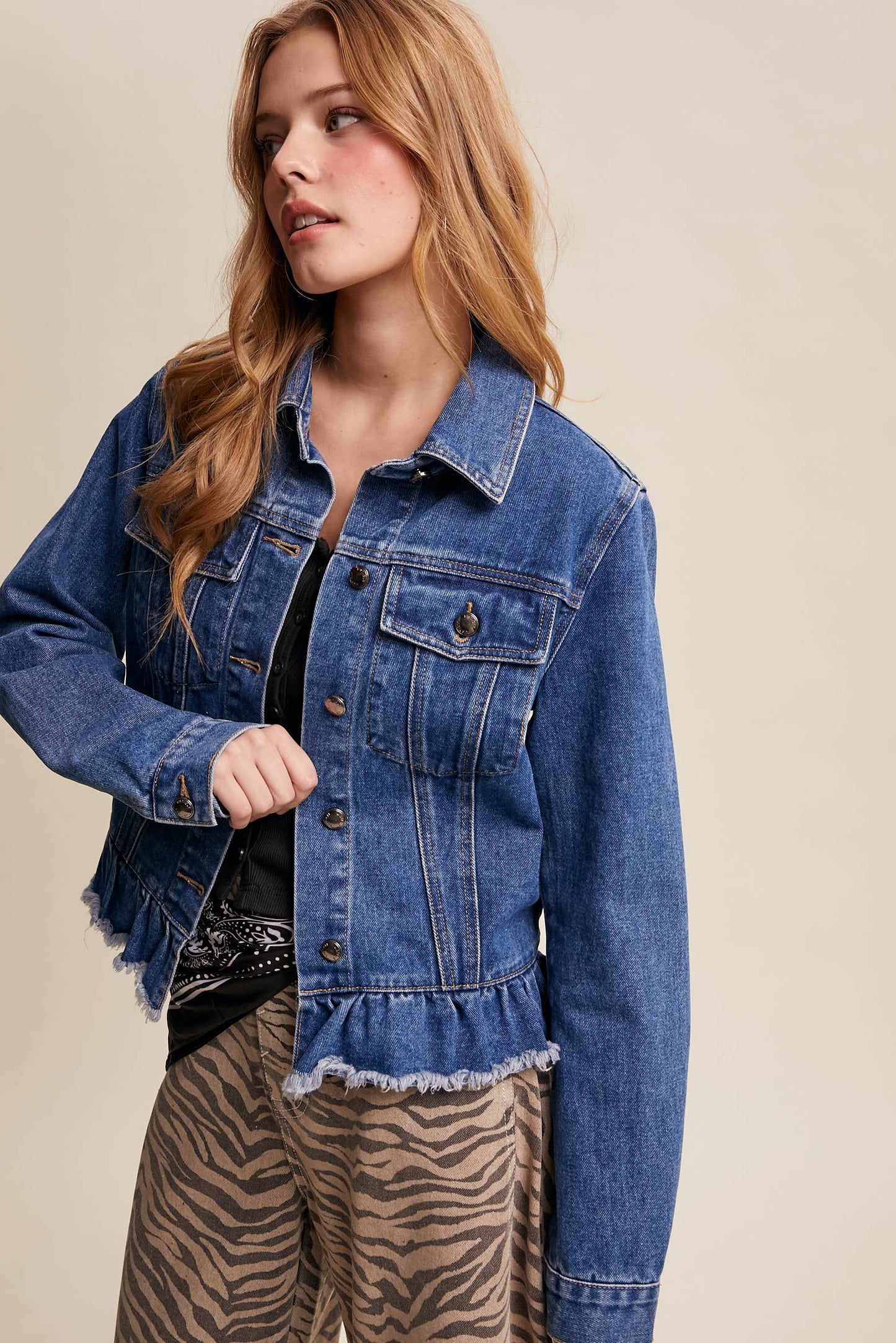 Listicle - Ruffled Hem Denim Jacket