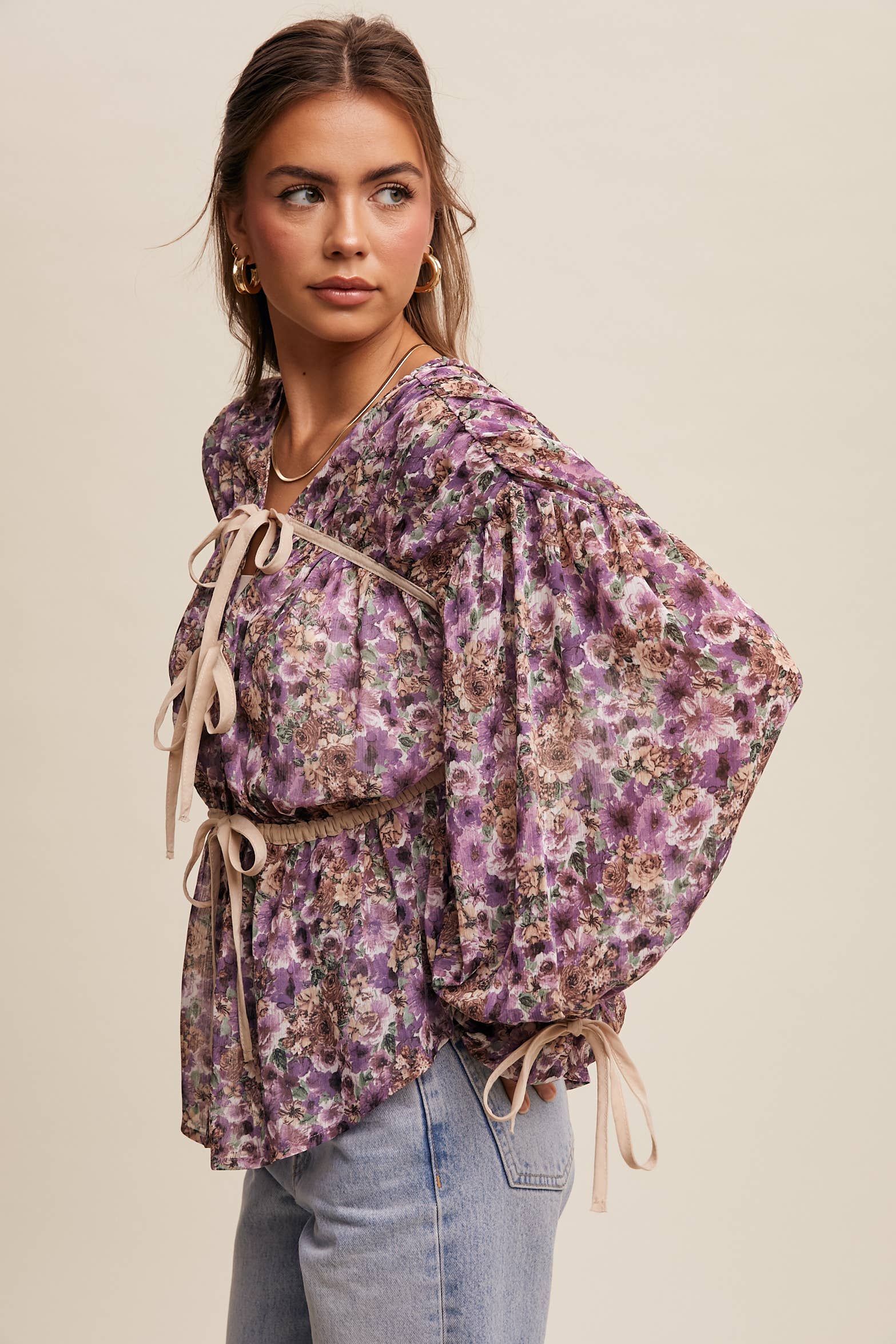 Floral Printed Sheer Blouse with Tie Accents Listicle