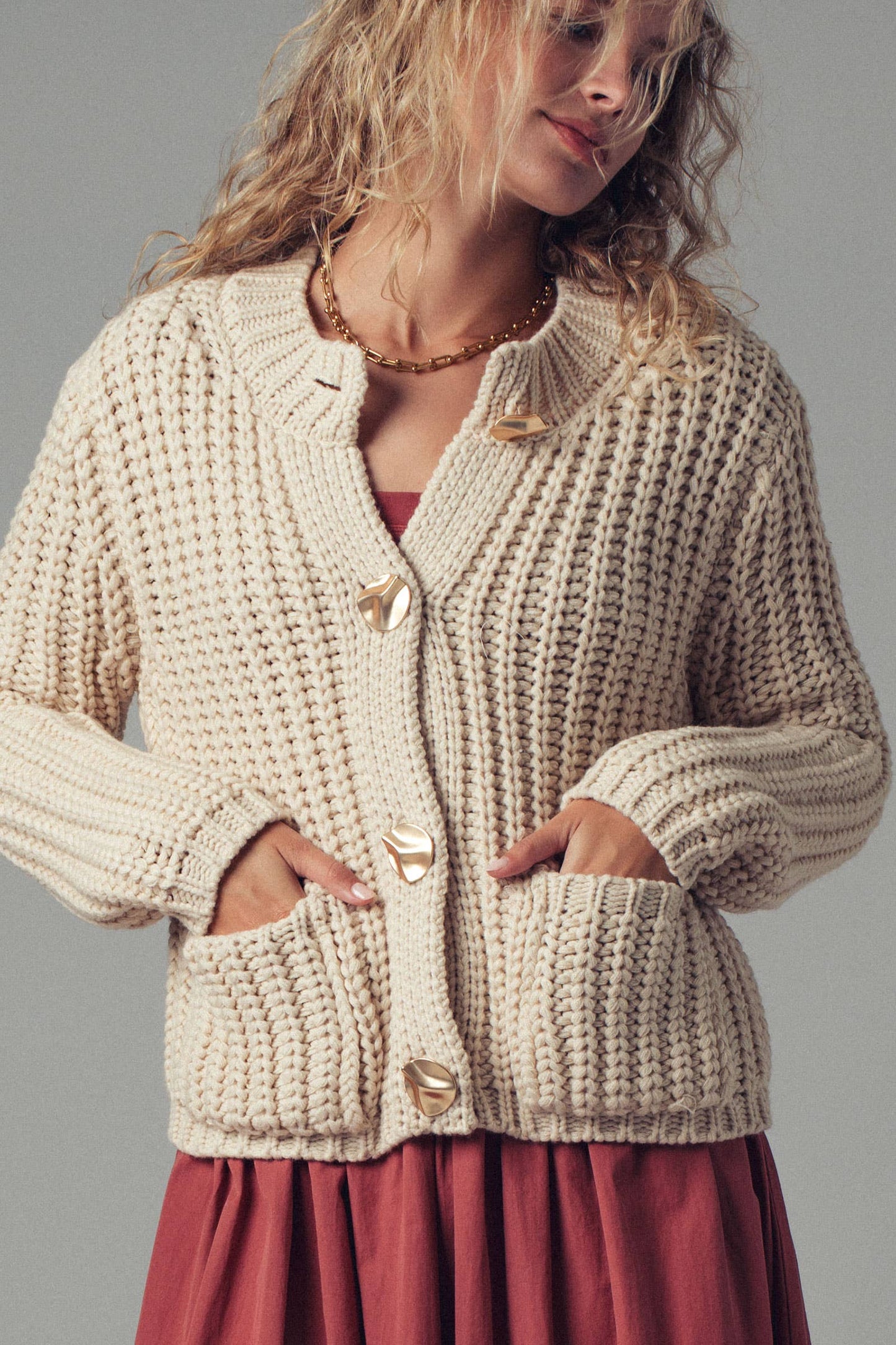 Chunky Gold Button Ribbed Knit Cardigan Urban Daizy
