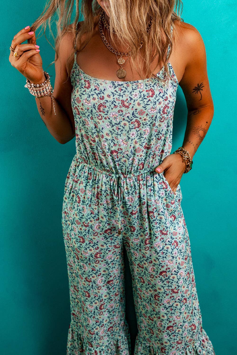 FINAL SALE- Boho Floral Ruffle Hem Summer Jumpsuit 926 WEST