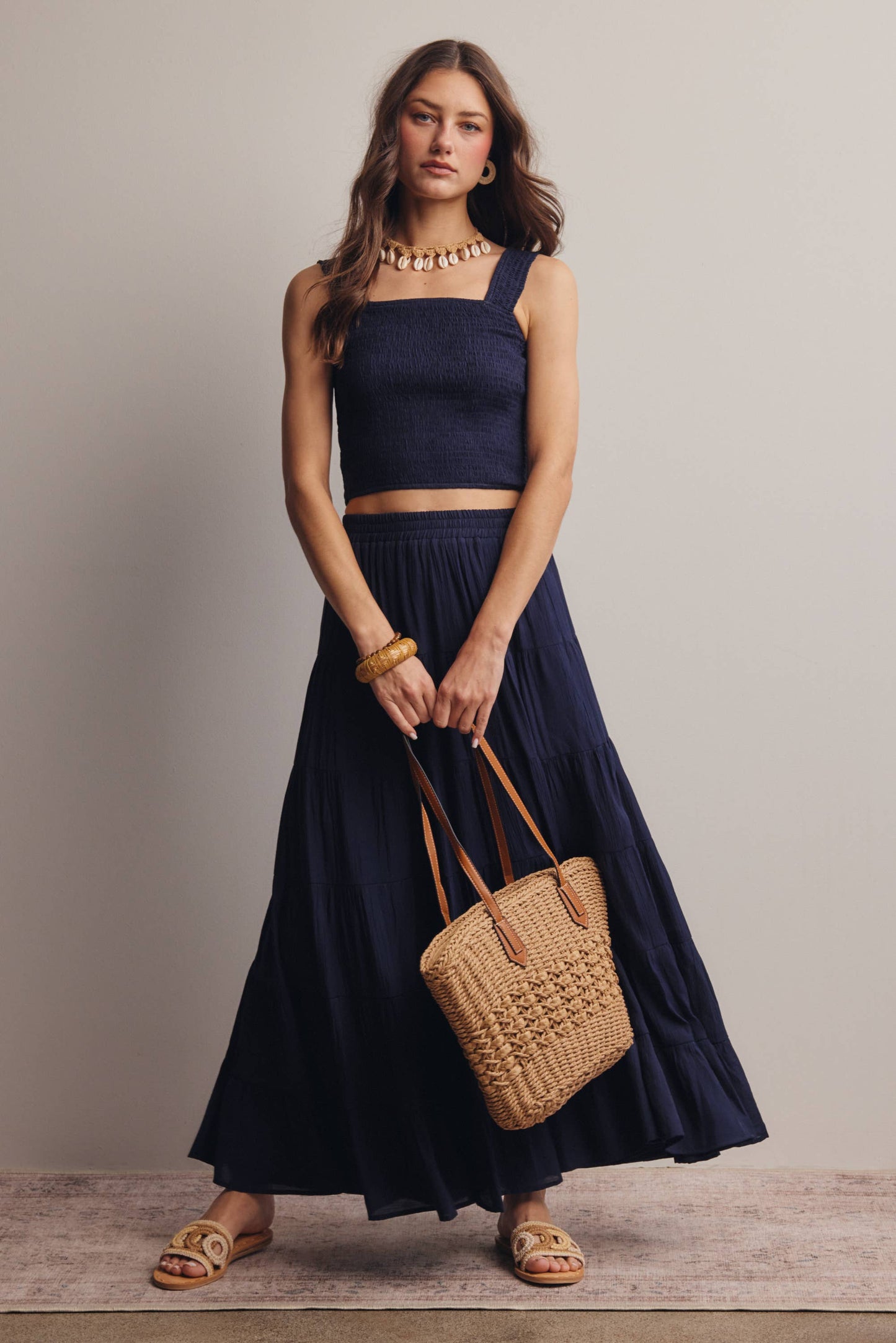 Forte - Women's Smocked Crop Top & Skirt Set
