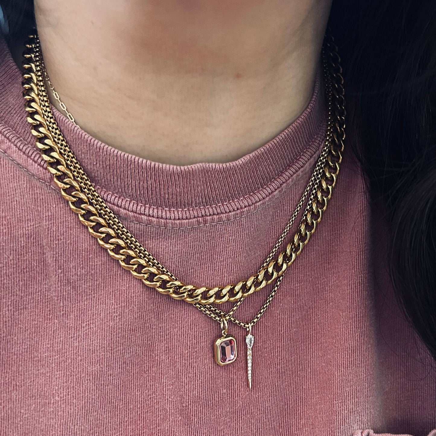 Pink Crystal Pendant Necklace | 18K Gold Plated Box Chain