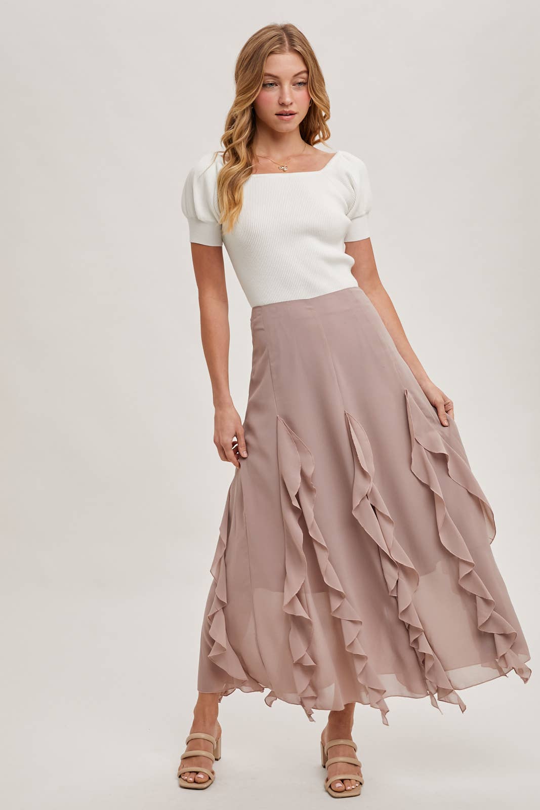 CHIFFON RUFFLED MAXI SKIRT WITH LINING Bluivy