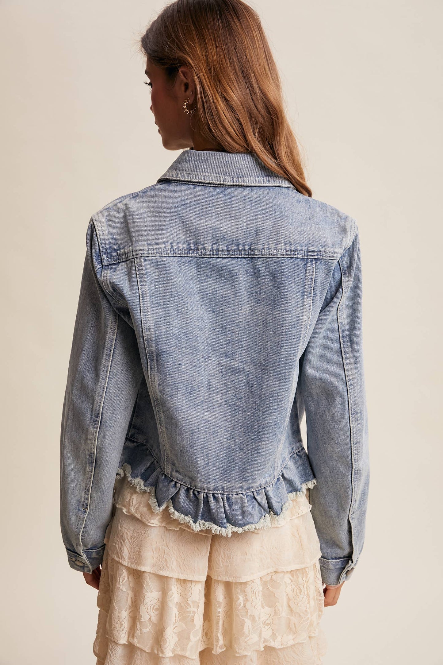Ruffled Hem Denim Jacket in Light Wash