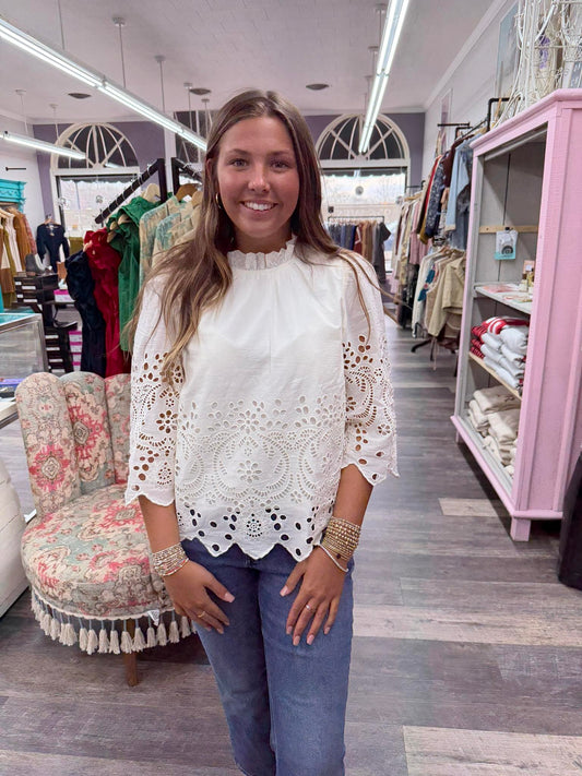 TCEC- Floral Eyelet Embroidery White Top - 3/4 Sleeve Ruffled Neck Blouse - 926 West