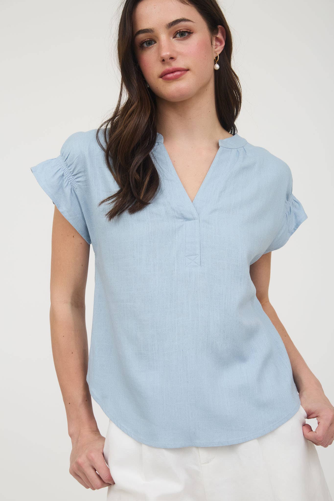 Blu Pepper The Split Neck Ruched Linen Blouse