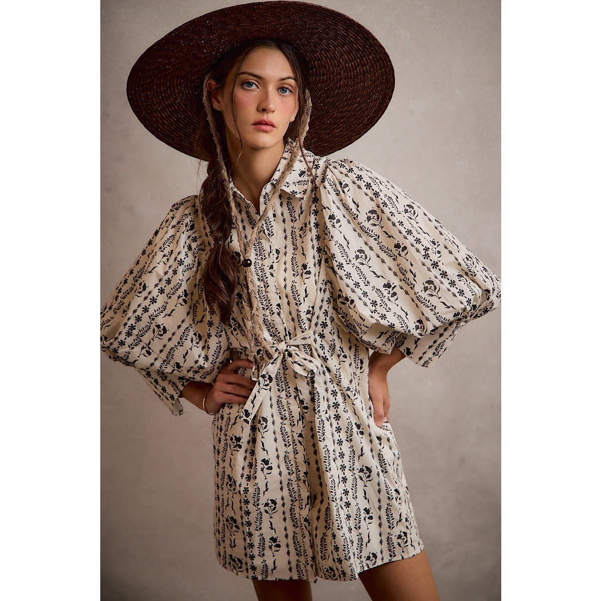 Cream Floral Puff-Sleeve Tie-Waist Mini Dress