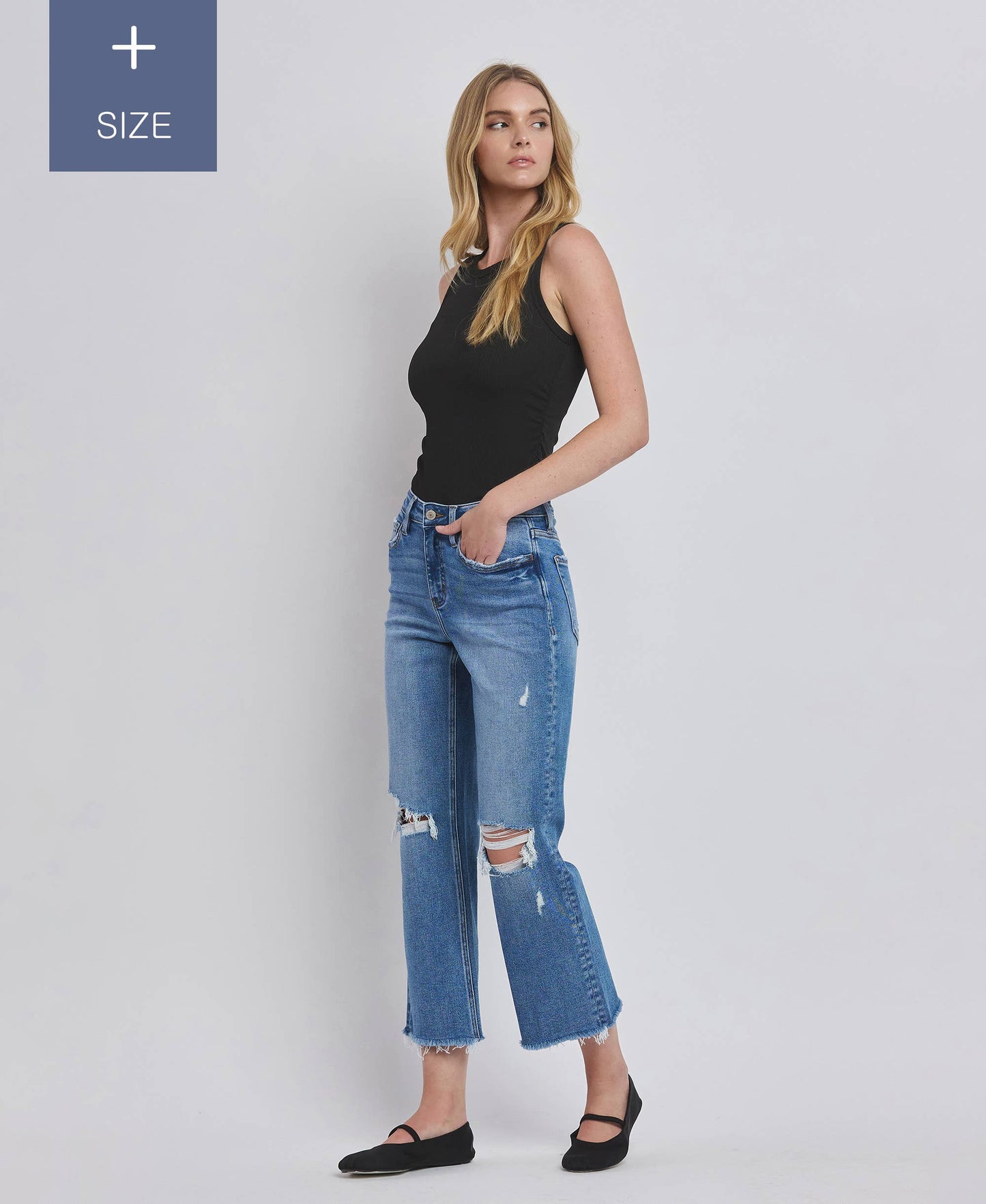 PLUS SIZE HIGH RISE DISTRESSED CROP STRAIGHT JEANS LV1385-P Lovervet by VERVET