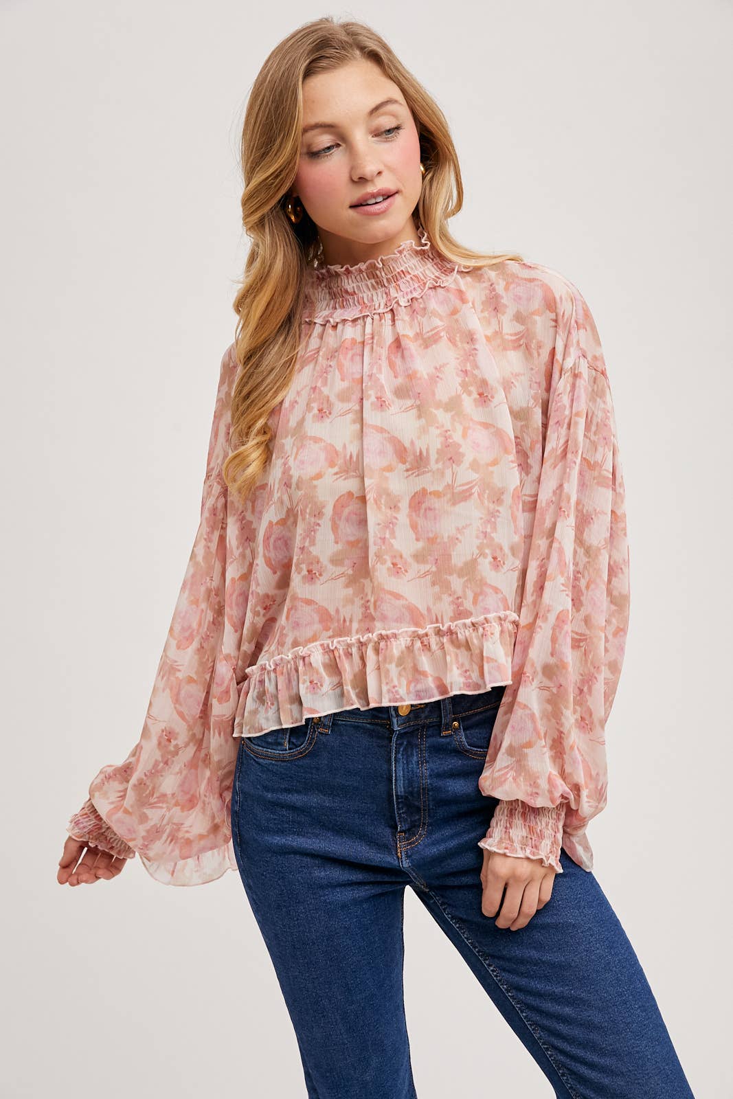 FLORAL PRINT RUFFLED MOCK NECK DOLMAN SLEEVE CHIFFON TOP Bluivy