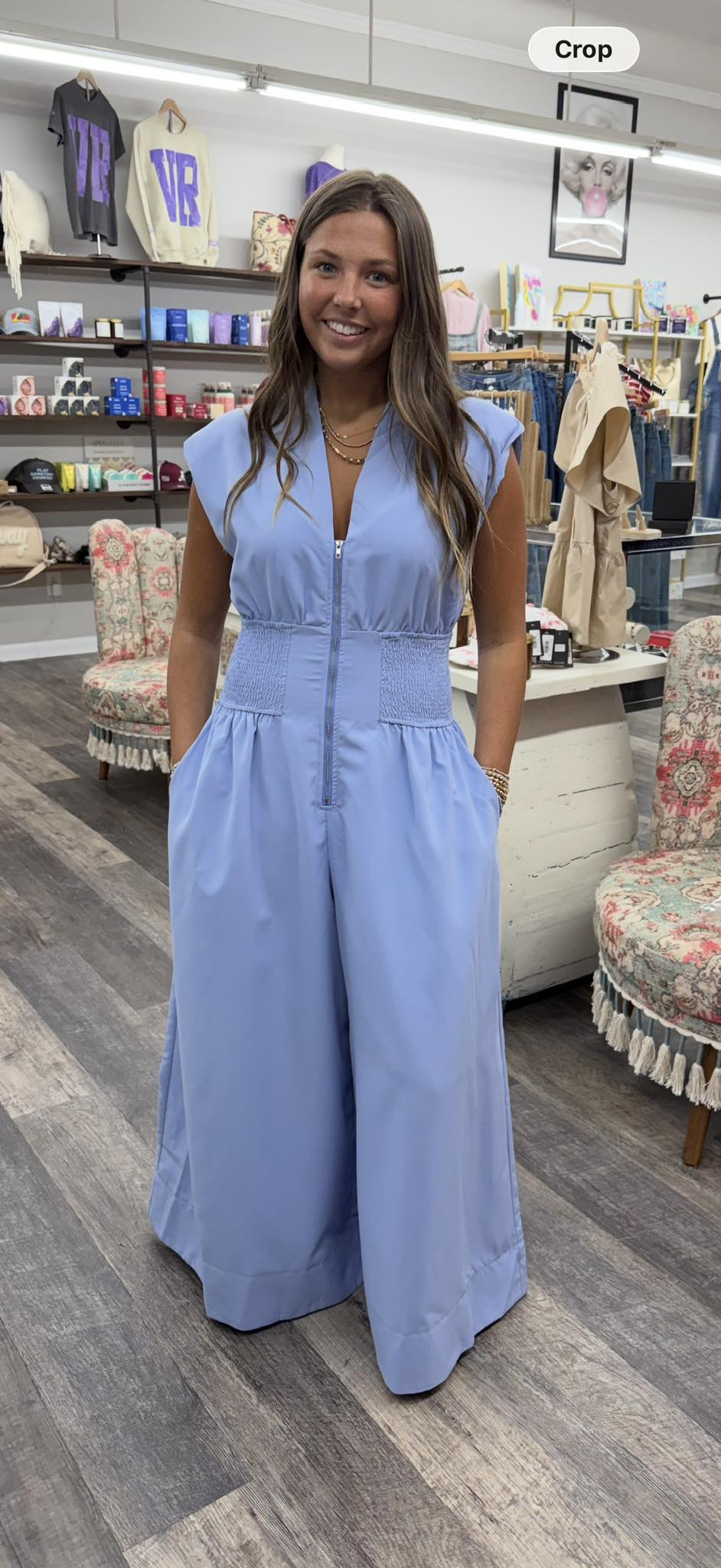 Cap-Sleeve Smocked Front-Zip Jumpsuit - Flattering Fitted Style - 926 West