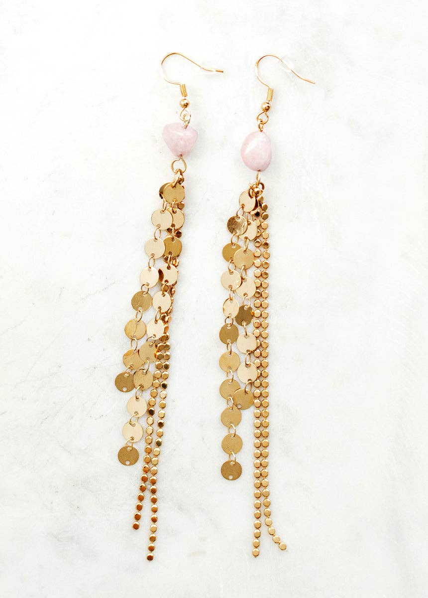 Sagitta Rose Quartz Gold Chain Earrings
