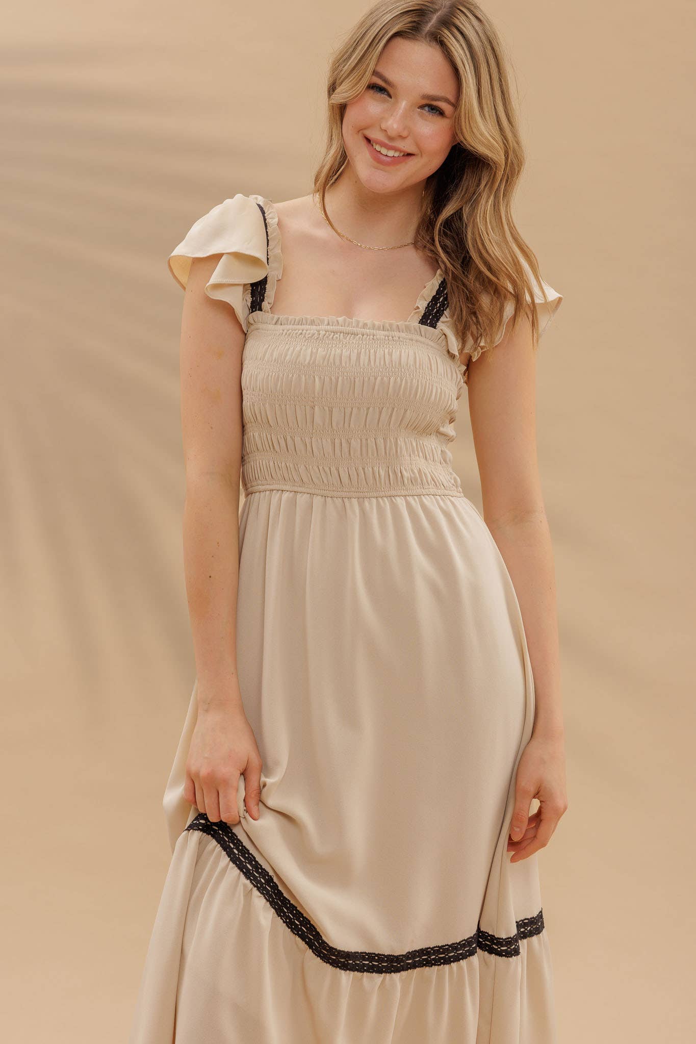 FINAL SALE- CONTRAST DETAIL SMOCKED RUFFLE MIDI DRESS 926 WEST