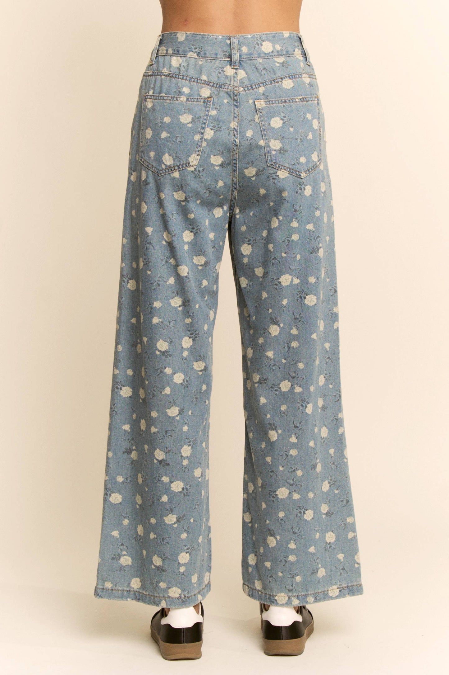 FLORAL PRINT HIGH-WAISTED WIDE-LEG DENIM PANTS