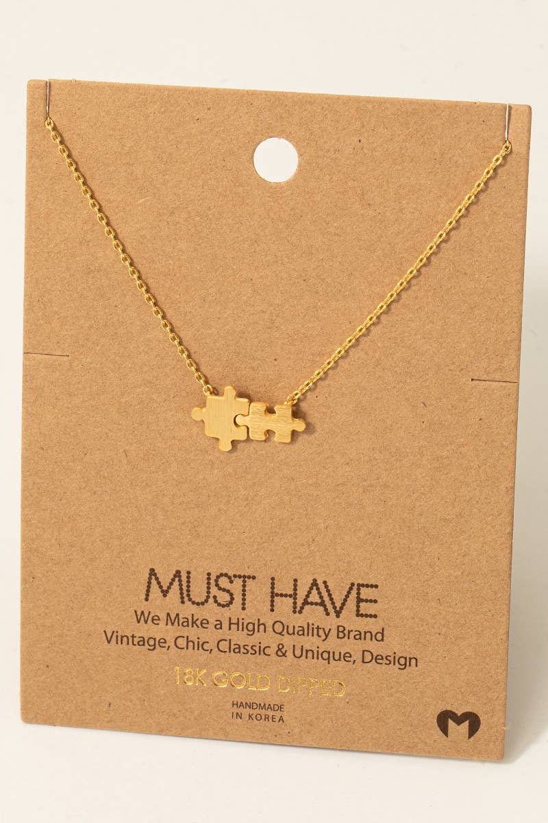 Gold Dipped Brushed Puzzle Piece Pendant Necklace Fame Accessories