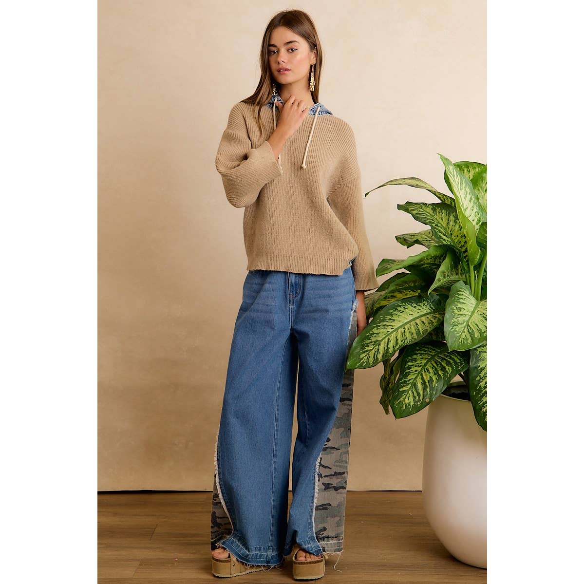 Denim Contrast Hooded Knit Pullover Top