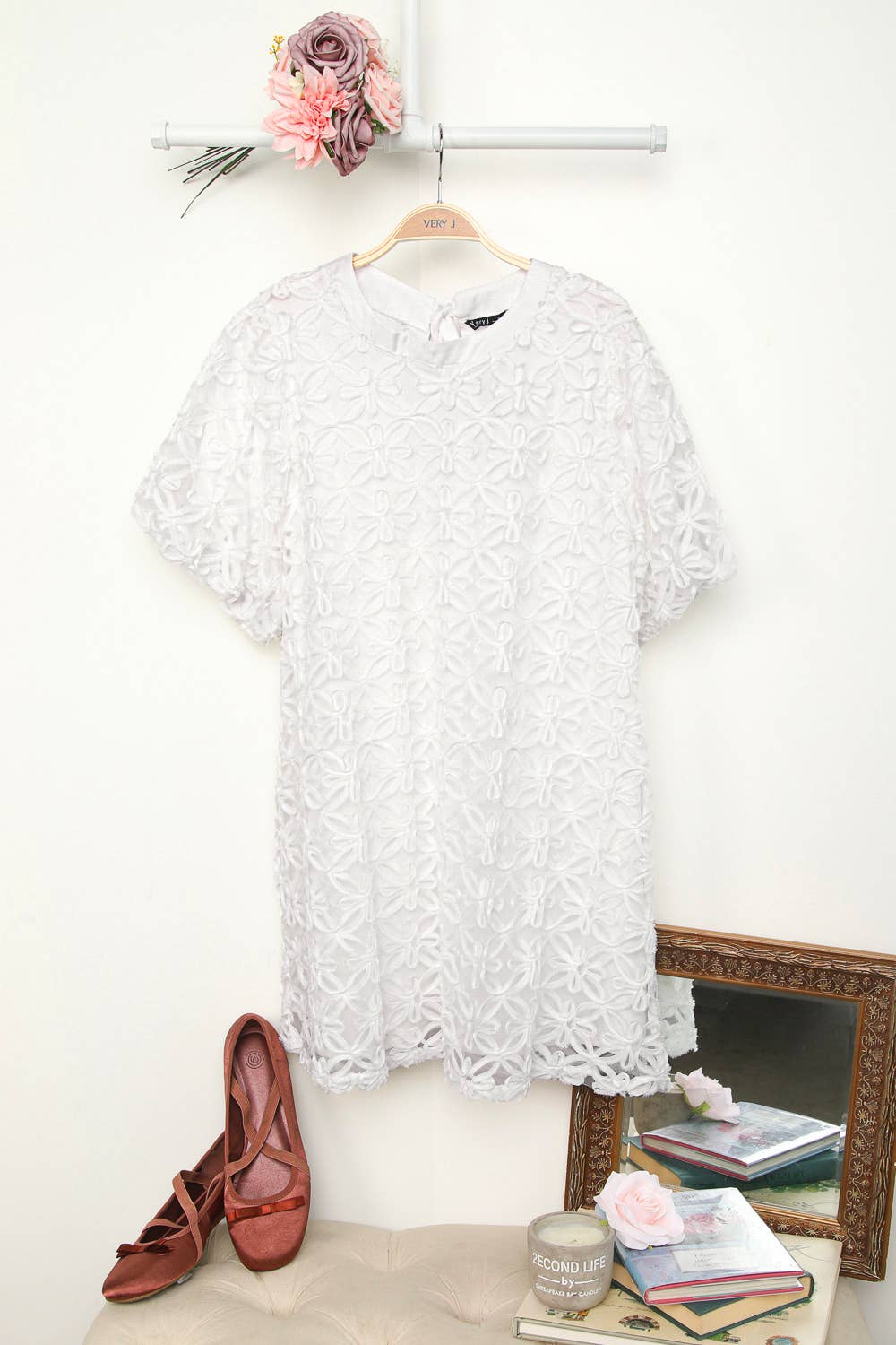 VERY J- 3D Floral Texture Organza Puff Sleeve Mini Dress - 926 West