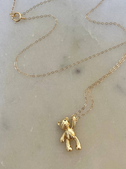 Gold Teddy Bear Charm Pendant Necklace | 18K Gold