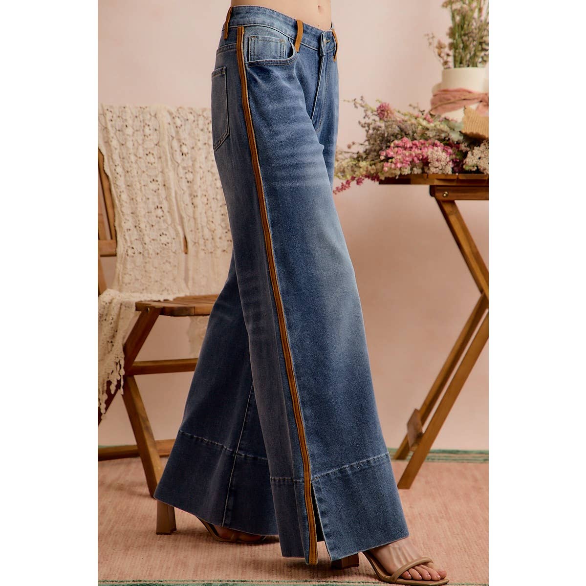 Wide-Leg Flare Washed Denim Jeans with Side-Seam Detail