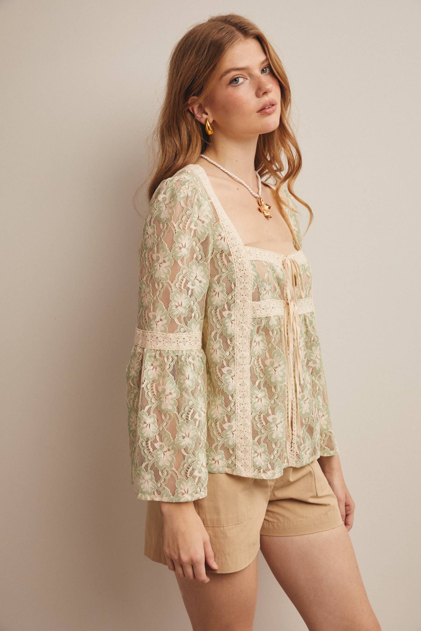 Forte - Sheer Lace Tie-Front Bell Sleeve Blouse - 926 West