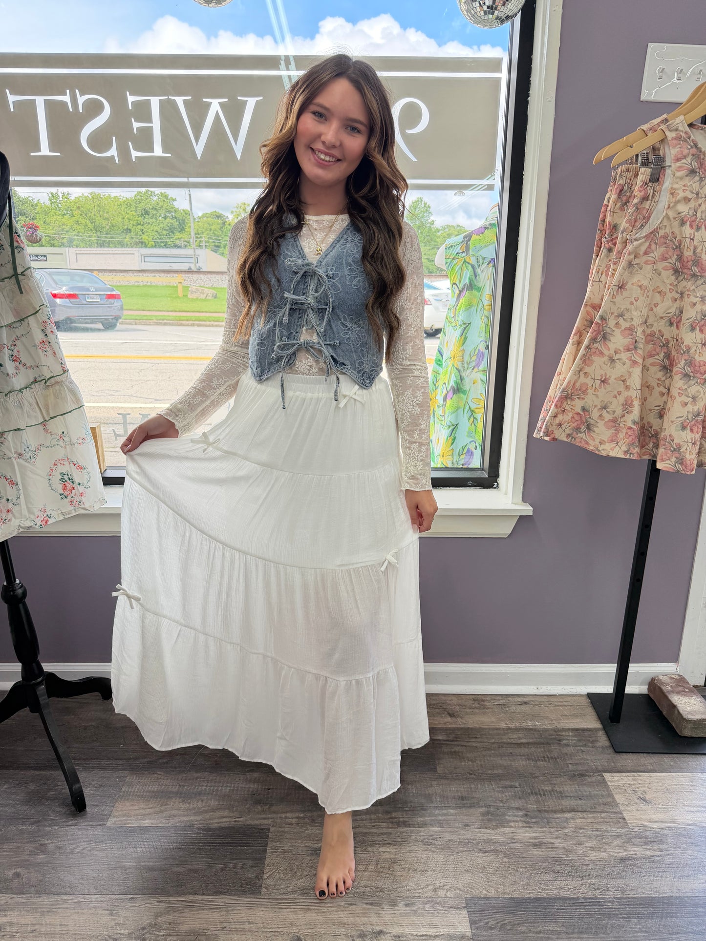 Blu Pepper Bow Ribbon Detail Tiered Maxi Skirt in Off White