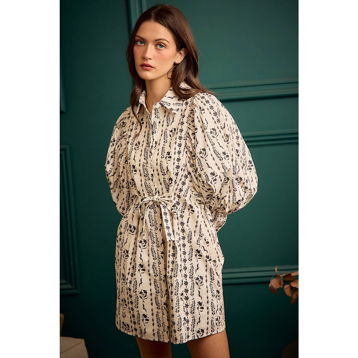 Cream Floral Puff-Sleeve Tie-Waist Mini Dress