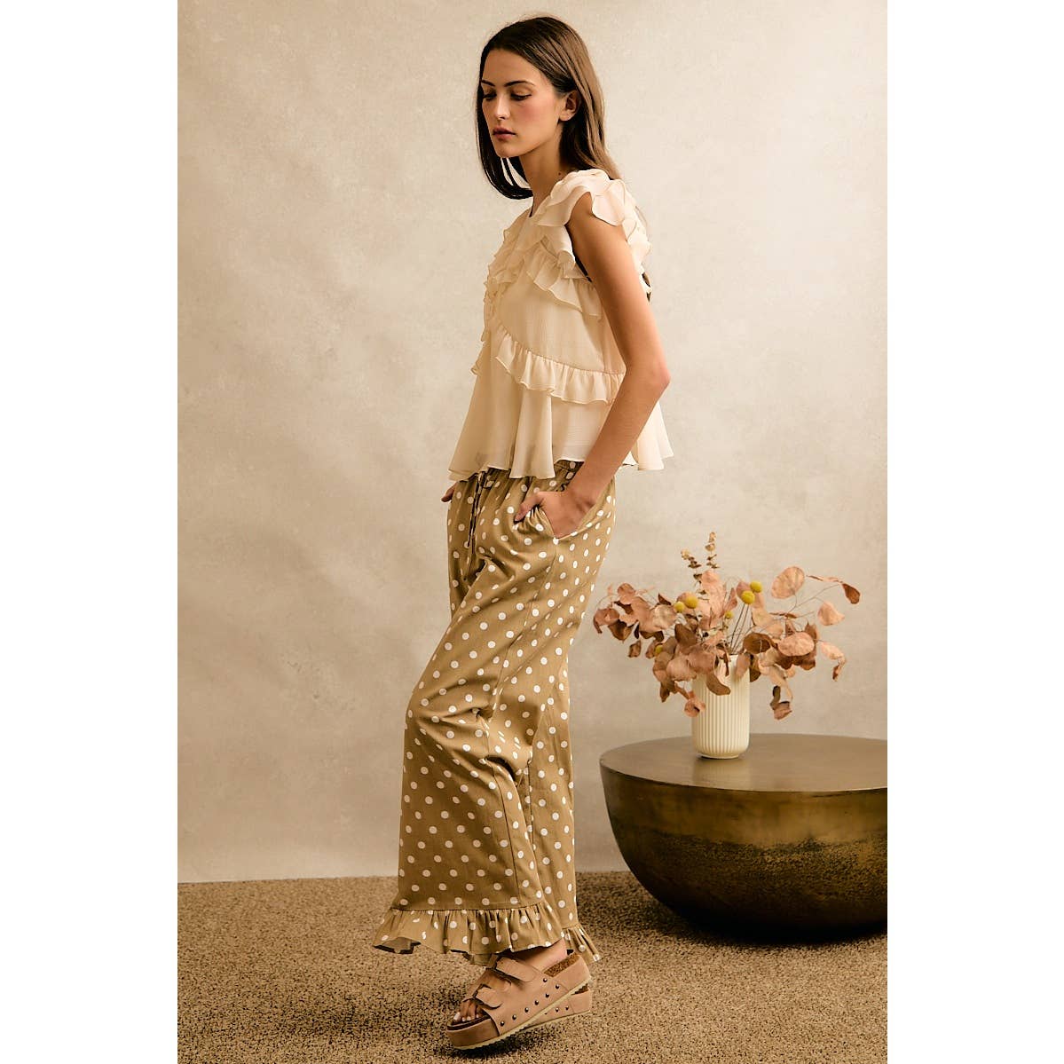 Polka Dot Print Elastic Waist Ruffle Pants