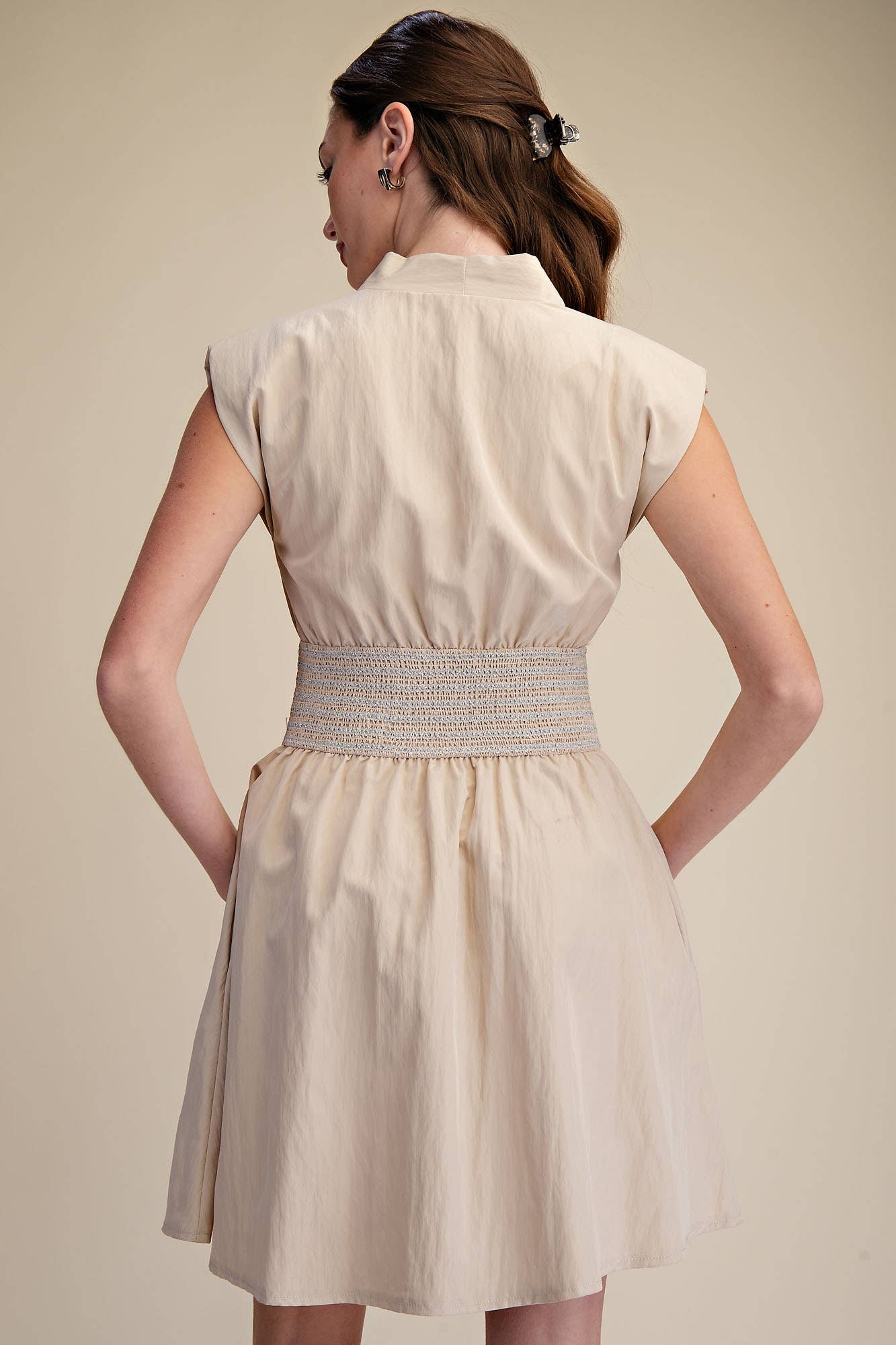 GLAM - V-Neck Front Zip Waist Smocked Shoulder Pad Mini Dress
