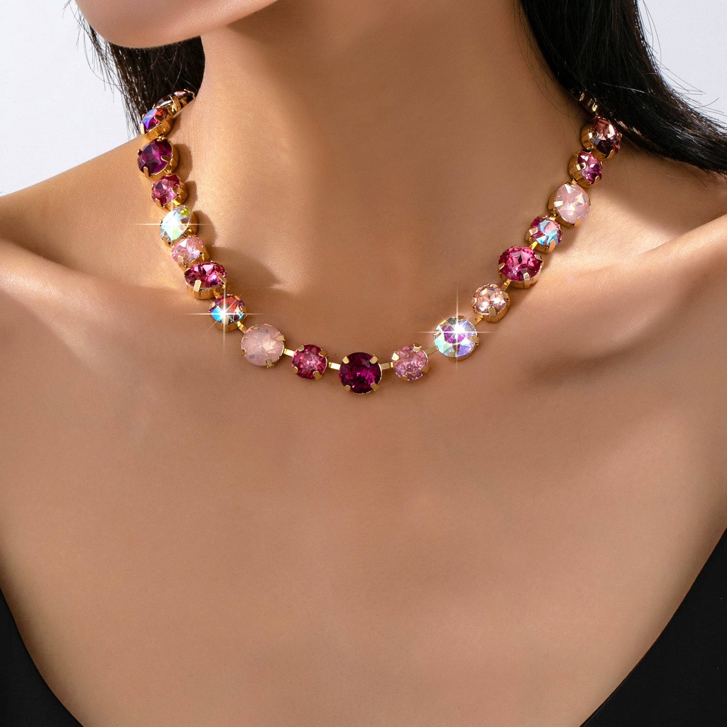 Multi-Tone Pink and Purple Crystal Tennis Necklace