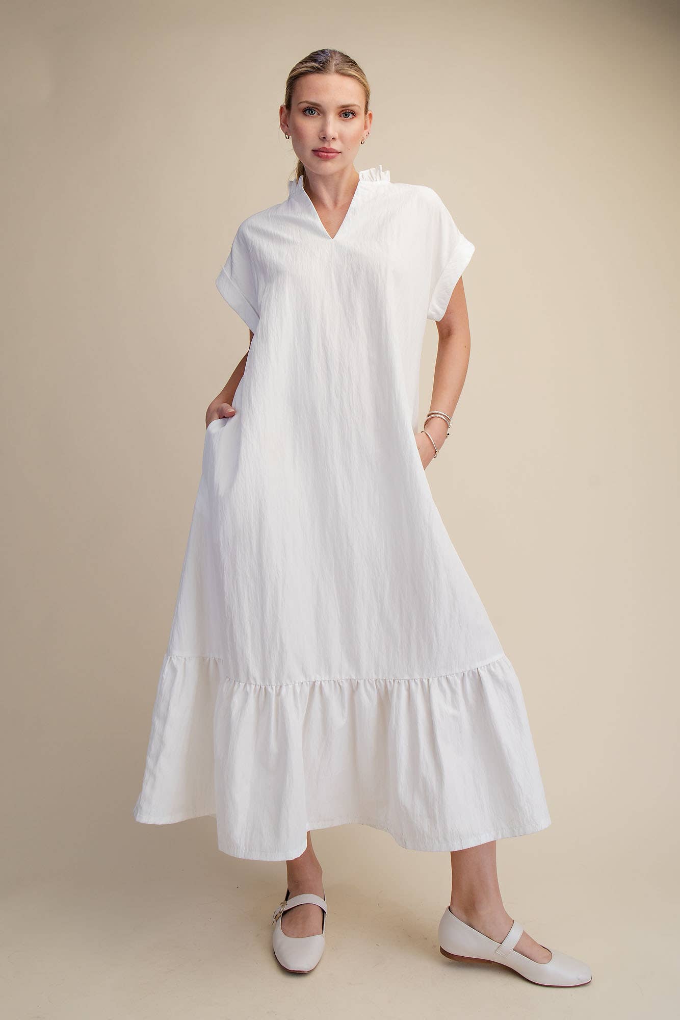 GLAM - Ruffle Neck Cuffs Sleeve Relaxed Midi Dress