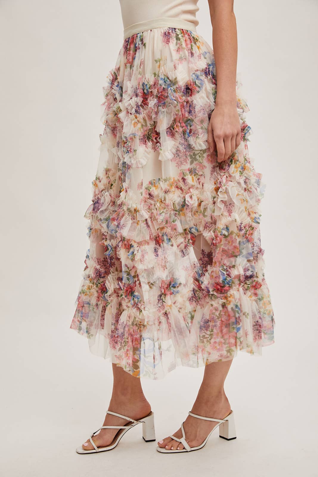 FLORAL RUFFLED MESH MIDI SKIRT Bluivy