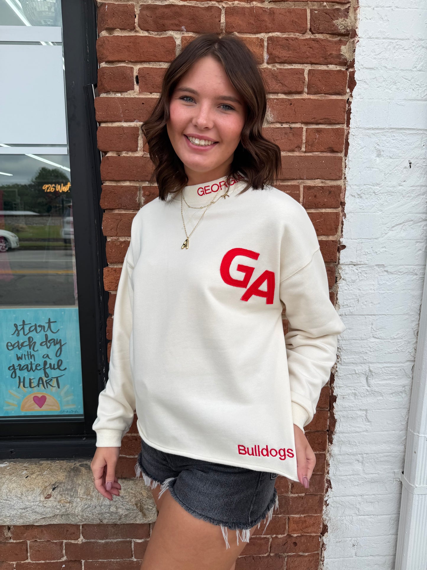 Georgia Bulldogs Print Pullover Sweater in Cream