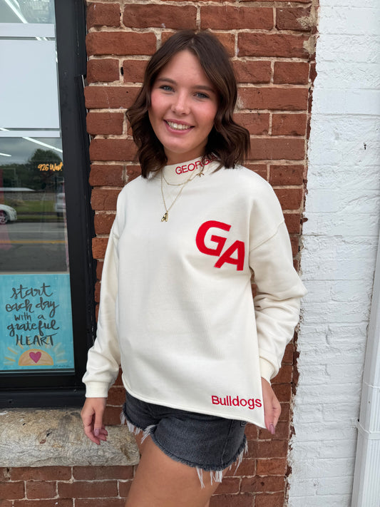 Georgia Bulldogs Print Pullover Sweater in Cream