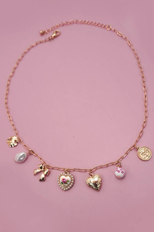 Ceramic Porcelain Bow Heart Charm Link Necklace