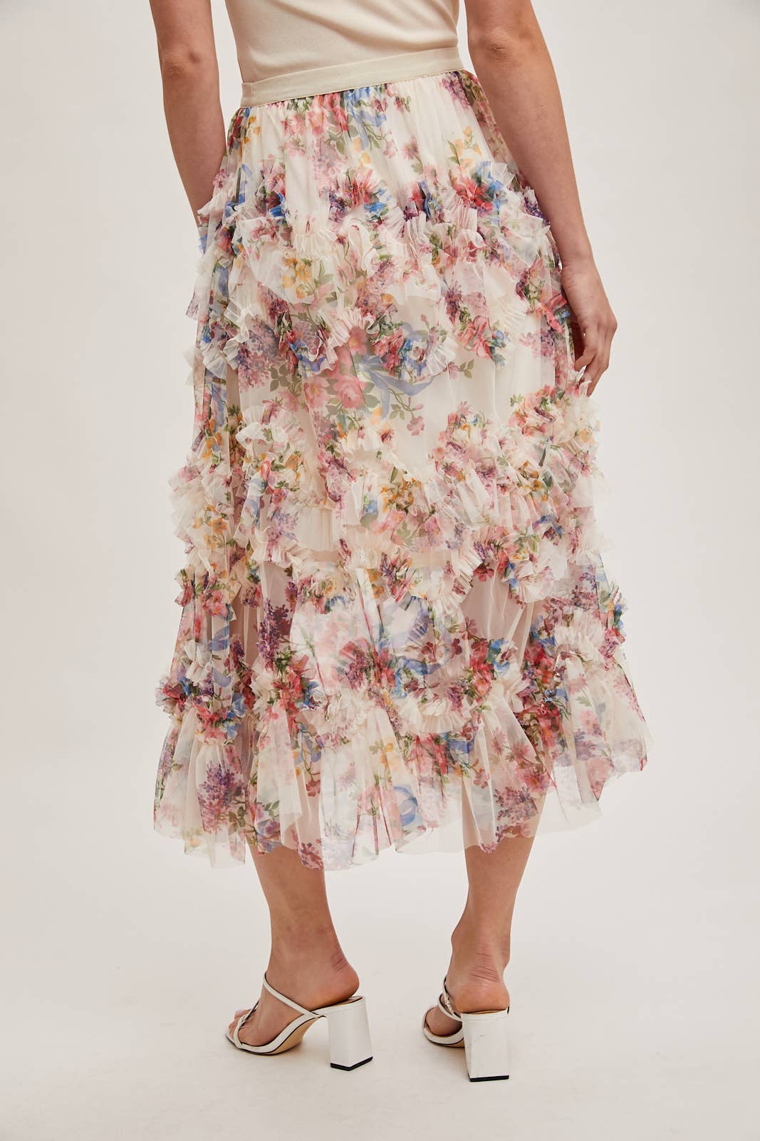 FLORAL RUFFLED MESH MIDI SKIRT Bluivy